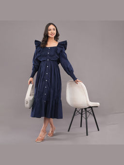 FELRIO - Navy Blue Ruffle Rayon Cotton Midi Dress