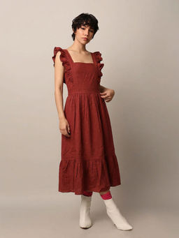 FELRIO - Red Ruffle Strap Midi Dress