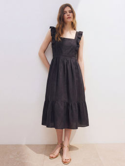 FELRIO - Black Ruffle Strap Midi Dress
