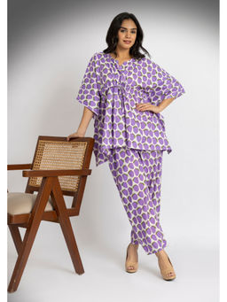 Safeera - Purple Strawberry V-Neck Kaftan Cotton Co Ord Set