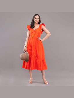 FELRIO - Orange Sunset Bloom Ruffle Sleeve Midi Dress