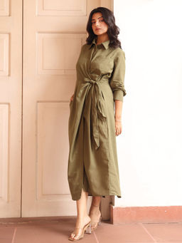 The Good Rebel - Olive Audrey Linen blended Shirt Dress