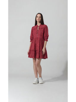 FELRIO - Red Vintage Rose Gingham Tiered Midi Dress