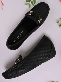 Ronnie Grey - Women Black Basket Weave Textured Loafers