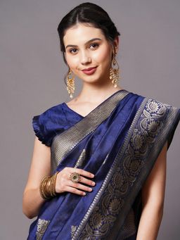 Akhilam - Navy Blue Festive Silk Blend Woven Design Saree with Unstitched Blouse with Unstitched