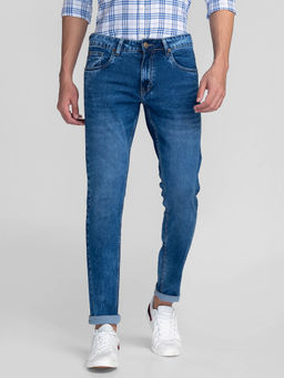 Giordano - Blue Slim Fit Solid Mid Waist Clean Look Jeans