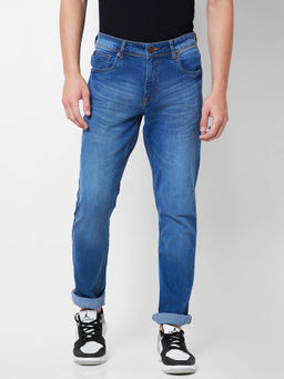 Giordano - Blue Slim Fit Solid Mid Waist Clean Look Jeans