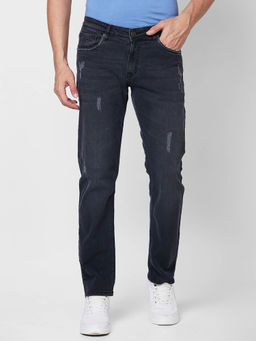 Giordano - Black Straight Fit Solid Mid Waist Mildly Distress Jeans