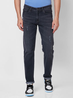 Giordano - Black Straight Fit Solid Mid Waist Mildly Distress Jeans