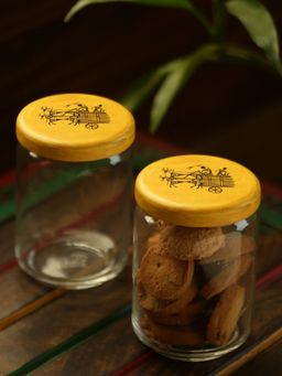 ExclusiveLane - Duals Of Warli' Hand-Painted Snacks & Cookies Jar Set In Glass & Wood