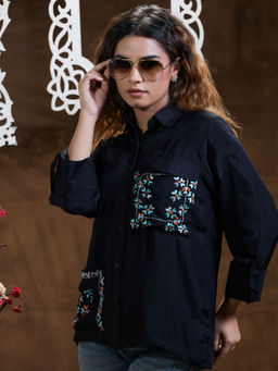 Phulkari Forever - Pure Muslin Hand Embroidered Phulkari Shirt- Black