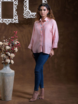 Phulkari Forever - Pure Muslin Hand Embroidered Phulkari Shirt- Pink Peach