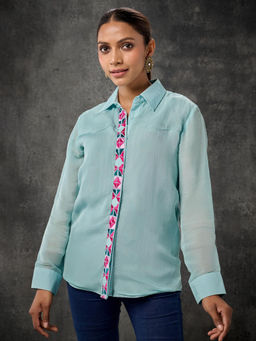 Phulkari Forever - Pure Organza Hand Embroidered Phulkari Shirt- Turquoise Blue