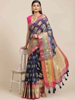 Silk Land - Ikat Designer Silk Saree with Unstiched Blouse Piece Navy Blue with Unstitched
