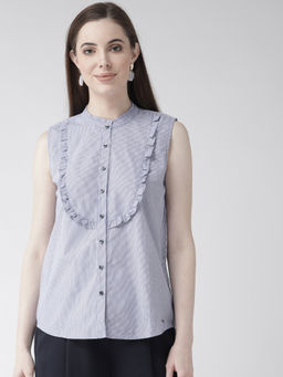 Xpose - Women Navy Blue & White Regular Fit Striped Sleeveless Casual Shirt