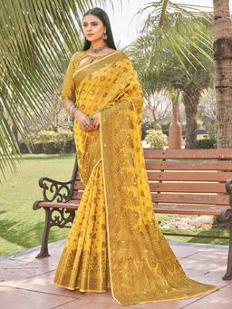 Odette - Womens Mustard Cotton Woven Design Saree with Unstitched Blouse