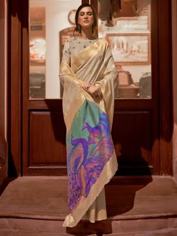 Akhilam - Women Silk Blend Cream Woven Design Handloom Saree with Unstitched Blouse