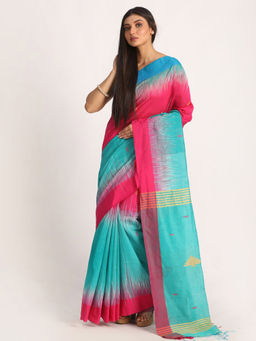Angoshobha - Fuchsia & Turquoise Cotton Blended Handloom Jamdani Saree with Unstitched Blouse