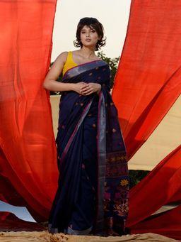 CHARUKRITI - Navy Blue Cotton Blend Handwoven Ethnic Motif & Floral Pallu Saree with Unstitched Blouse