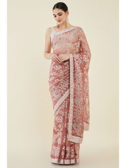 Soch - Women Peach Georgette Printed Saree with Unstitched Blouse