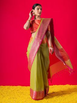 Triyah - Pistachio Green Ganga Yamuna Muga Tissue Saree With Unstitched Blouse