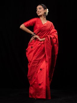 Triyah - Red Cotton Black Kantha Saree With Unstitched Blouse