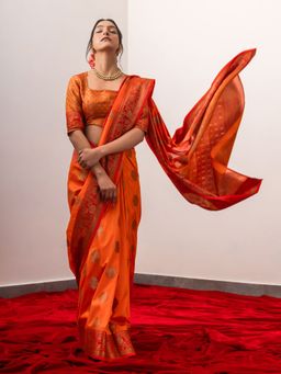 Triyah - Vintage Opulence Orange & Red Silk Saree With Unstitched Blouse