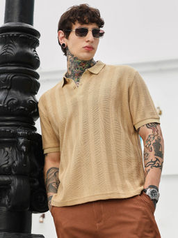 Campus Sutra - Mens Beige Candy Stripe-Knitted Polo T-Shirt
