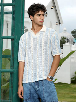 Campus Sutra - Mens Baby Blue Crochet Polo T-Shirt