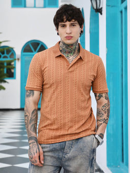Campus Sutra - Mens Rust Folk Knitted Polo T-Shirt