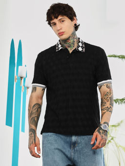 Campus Sutra - Mens Onyx Black Block Argyle-Knit Polo T-Shirt