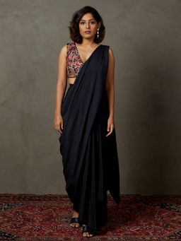 RI.Ritu Kumar - Black Floral Embroidered Blouse with Draped Dupatta and Skirt (Set of 3)