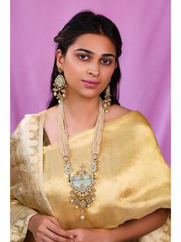 RIANA JEWELLERY - Firozi Blue Pendant Necklace With Delicate Mina Work And Long Festive Wear Earrings