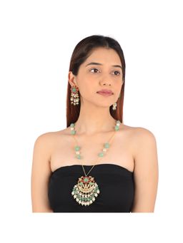 RIANA JEWELLERY - Green Pendant Carved Melons With Sea Green Beads Long Necklace Set