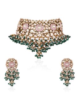 RIANA JEWELLERY - Pink Minakari Necklace With Green Hangings Wedding Wear Necklace Set