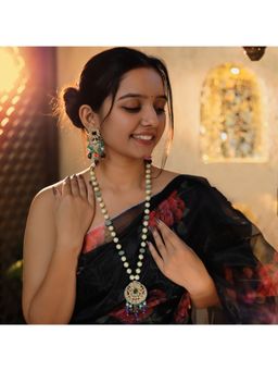 RIANA JEWELLERY - Purple & Sea Green Long Necklace Set With Emerald Beads