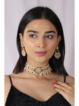 RIANA JEWELLERY - Festive Wear Green White Choker With White Hangings Earrings