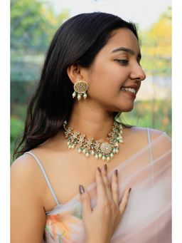 RIANA JEWELLERY - Mint Green Rice Pearl Gold Plated Festive Wear Choker Set With Sea Green Hangings