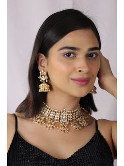 RIANA JEWELLERY - Indian Jadtar White Necklace With Chand Shape Drops And Jhumki Earrings