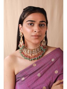 RIANA JEWELLERY - Women Gold Plated Multicoloured Necklace Set With Delicate Chand Bali Earrings