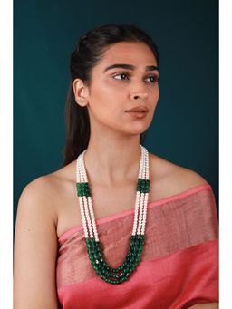 RIANA JEWELLERY - Emerald Green Beaded Maala Three Layered Pearl Necklace