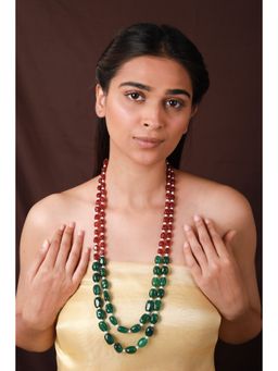 RIANA JEWELLERY - Ruby Tumble Beads And Emerald Green Beads Necklace Maala