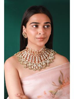 RIANA JEWELLERY - 22 Kt Gold Plated Pink Green Heavy Bridal Necklace Set With Studs