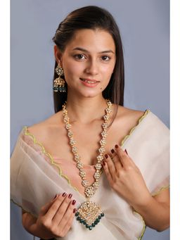 RIANA JEWELLERY - Long Floral Necklace With Pendant Design And Emerald Jhumki's In Traditional Style
