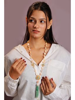 RIANA JEWELLERY - Rice Pearl With Sea Green Beaded Long Necklace