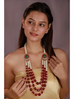 RIANA JEWELLERY - Rajwadu Style Red Ruby Beads And White Pearl Floral Long Necklace