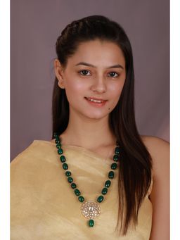RIANA JEWELLERY - Emerald Green Beaded Long Necklace With Round Stone Pendant