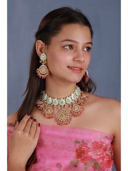 RIANA JEWELLERY - Blue Minakari Necklace Set With Light Pink Bead