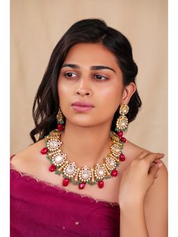 RIANA JEWELLERY - Monzonite Necklace Set With Silver And Gold Finish With Ruby Beads