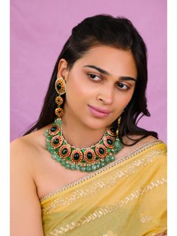 RIANA JEWELLERY - Monzonite Necklace Set With Big Emerald Stone Drops And Jade Hangings